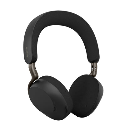 Black jabra evolve3 75 uc wireless headset with fabric-covered headband and earcups featuring anc and bluetooth connectivity