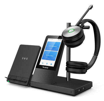 Yealink WH66-D-UC wireless headset on charging stand with silver controls