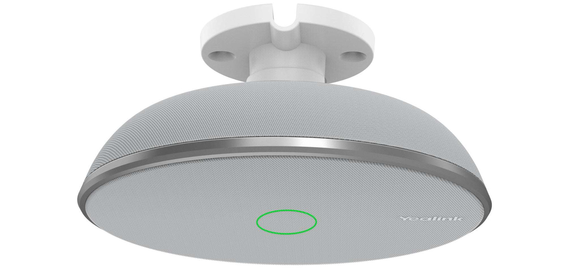 Yealink VCM38 ceiling microphone array with gray fabric, silver rim, green light