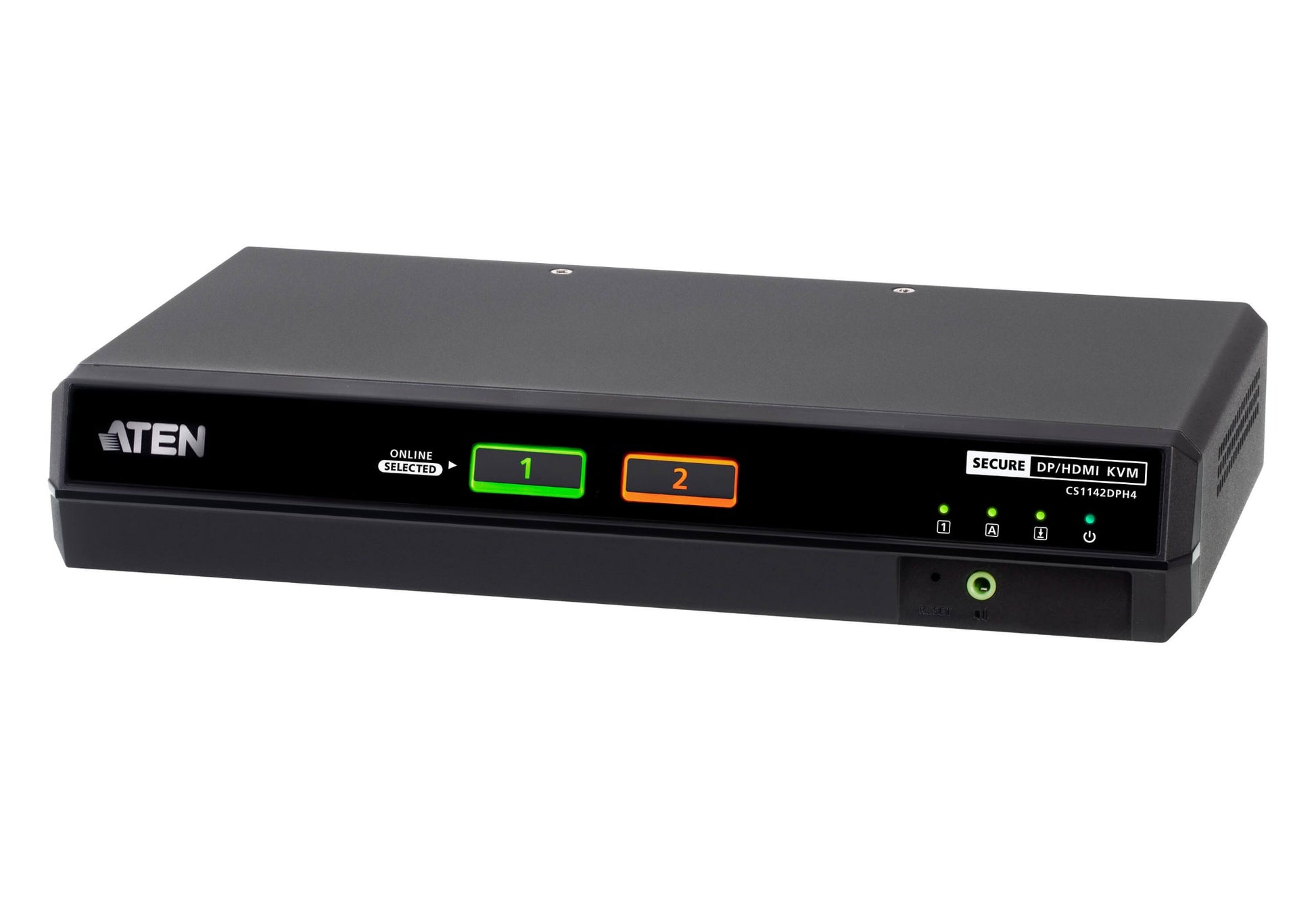 Black aten cs1142dph4 secure 2-port dual display dp hdmi kvm switch with illuminated green and orange selection buttons