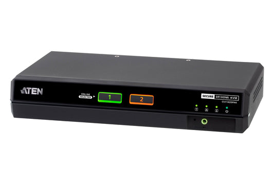Black aten cs1142dph4 secure 2-port dual display dp hdmi kvm switch with illuminated green and orange selection buttons