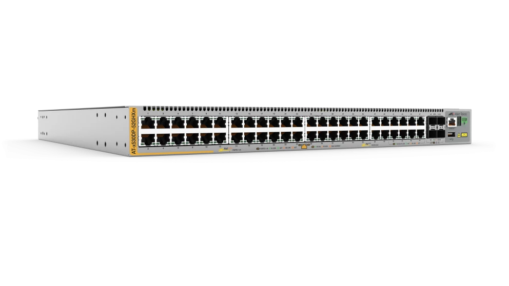 Gray metal allied telesis at-x530dp-52ghxm-e01 multi-gig poe++ stackable switch with multiple ethernet ports and yellow label