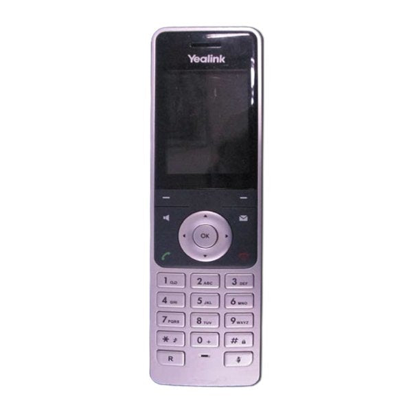 Silver-colored yealink 1302002 w56 dect cordless phone with rectangular design and small screen above keypad