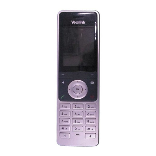 Silver-colored yealink 1302002 w56 dect cordless phone with rectangular design and small screen above keypad