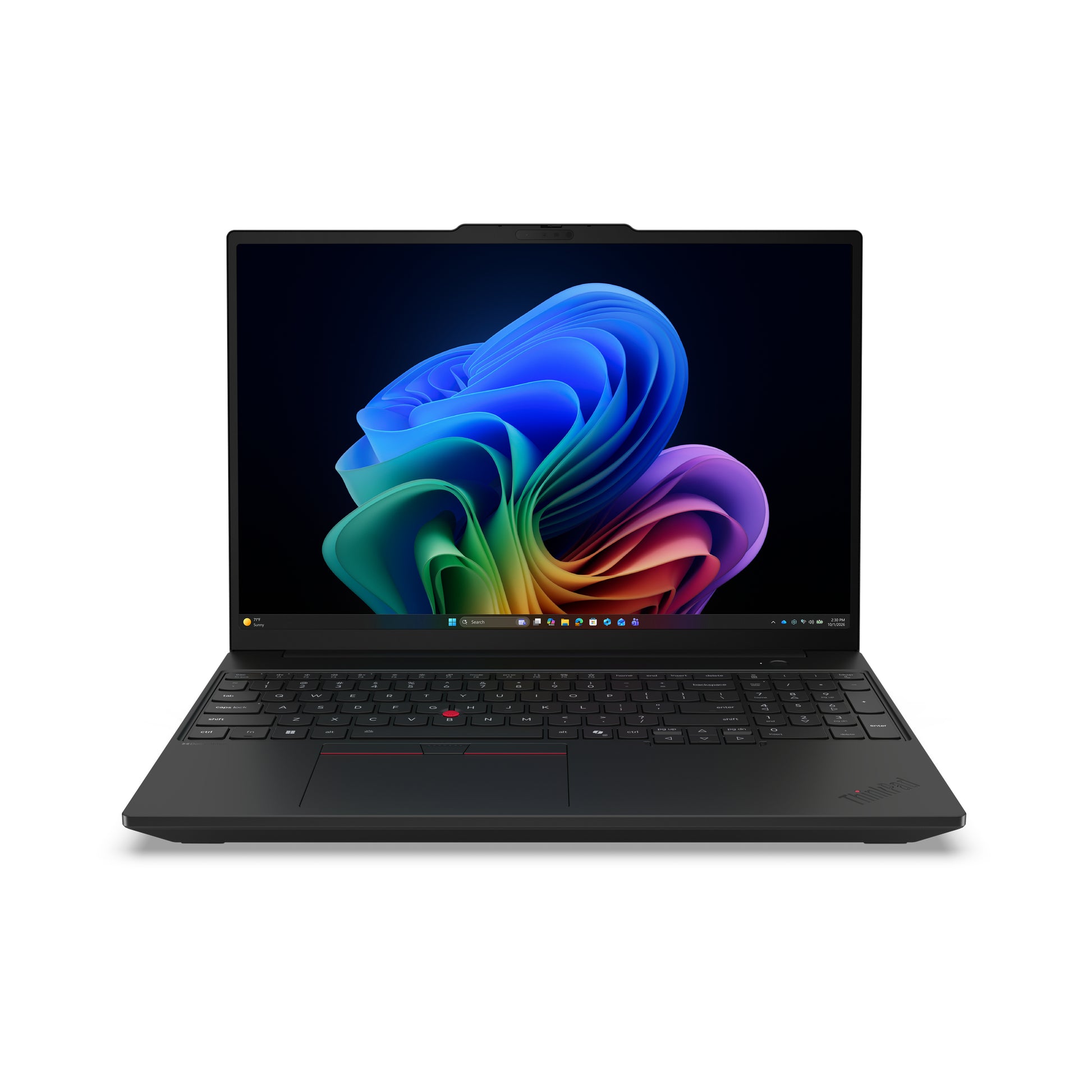 Black lenovo thinkpad t16 gen 5 laptop with ryzen 7 pro 250, 32gb ram, 512gb ssd, and colorful abstract wallpaper