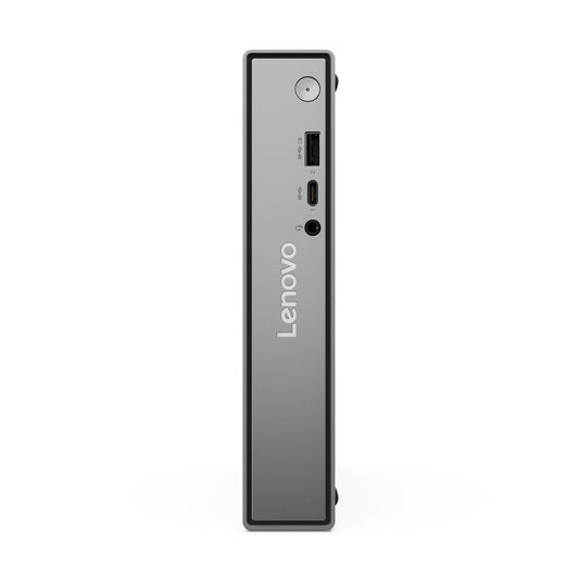 Gray lenovo thinkcentre neo 50q gen 6 copilot+ mini pc with sleek design and multiple side ports shown from the back