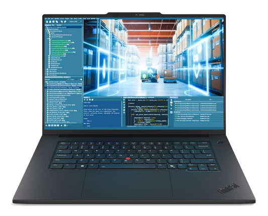 Black Lenovo ThinkPad P1 Gen 8 laptop displaying code on 3.2K screen