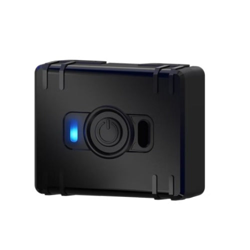 Black rugged Teltonika ATC700 mini asset tracker with blue power indicator light and circular button design