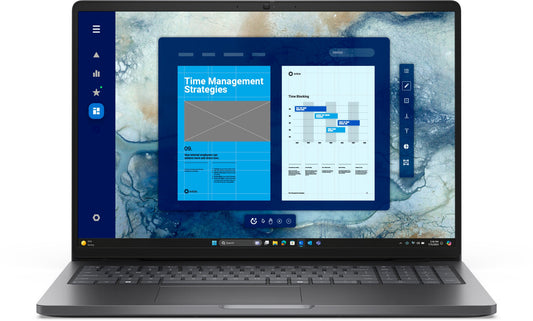 Dell Pro 16 PC16250 laptop in dark gray with blue productivity screen