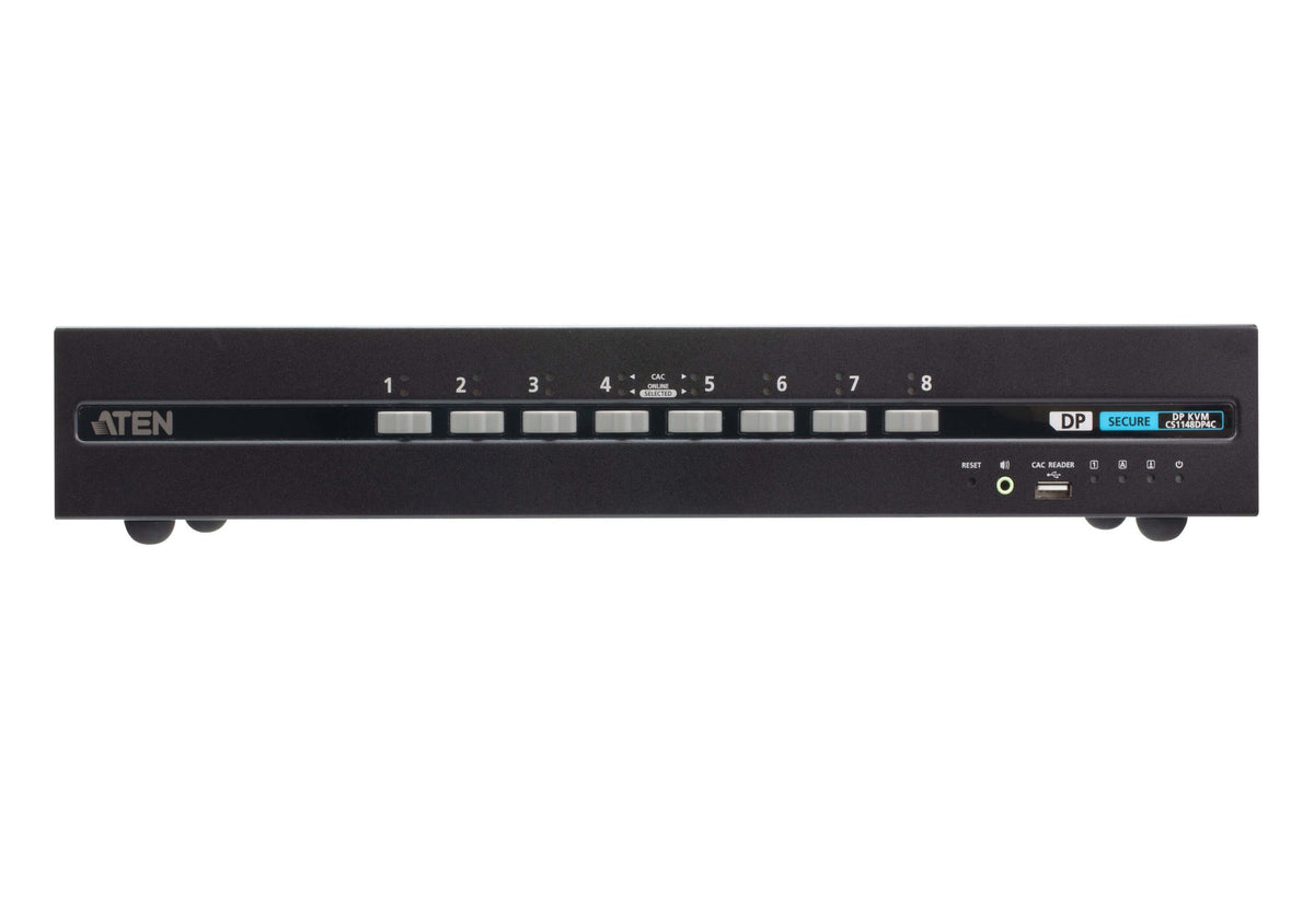 Black aten cs1148dp4c-at-u 8-port dual displayport secure kvm switch with labeled input buttons and usb ports on back