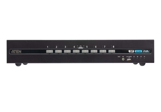 Black aten cs1148dp4c-at-u 8-port dual displayport secure kvm switch with labeled input buttons and usb ports on back