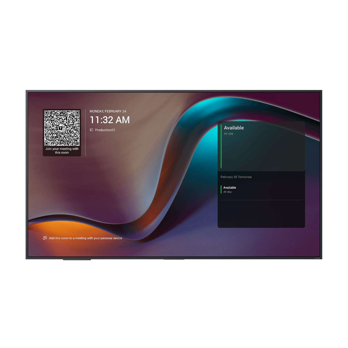 Black-framed yealink md55 55-inch 4k uhd smart meeting display showing modern interface with abstract wave patterns