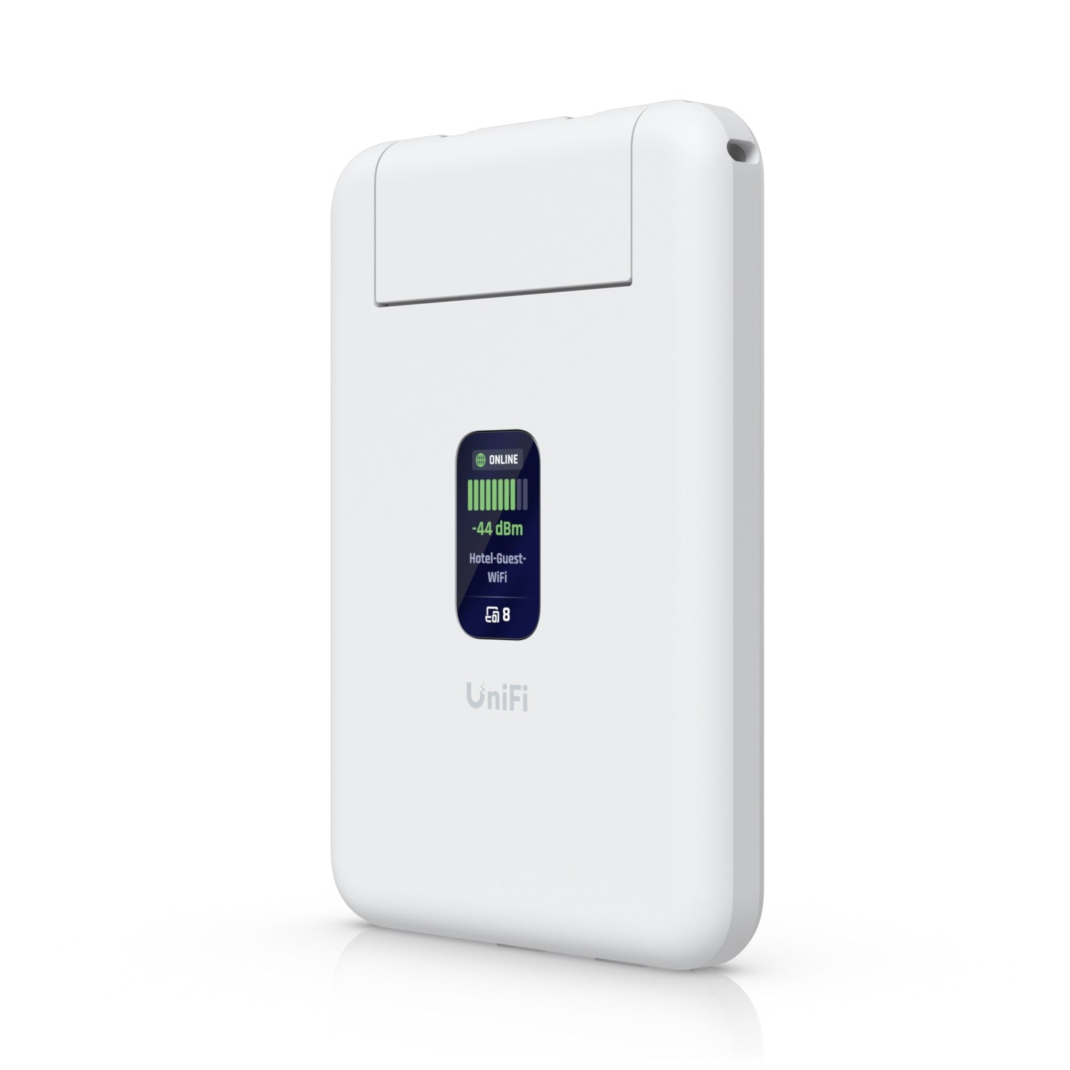 White Ubiquiti UniFi UTR travel router hotspot with display showing signal