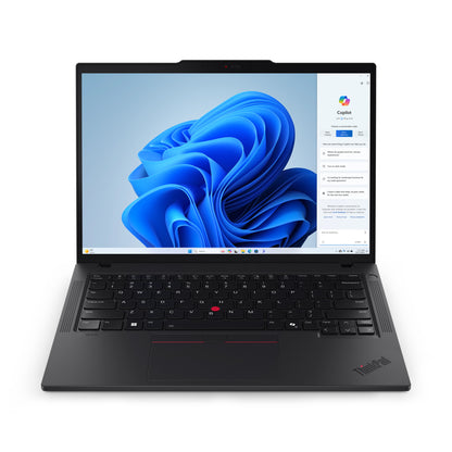 Black Lenovo ThinkPad T14 Gen 5 laptop with red trackpoint