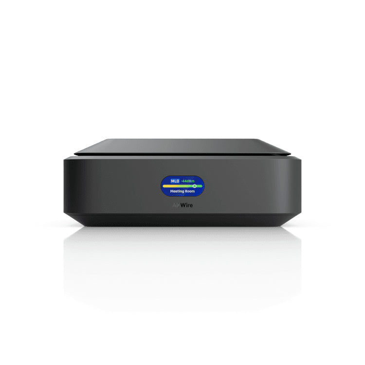 Black rectangular Ubiquiti U-airwire aiwire mld-4480m meeting room device with blue status indicator for wireless bridge