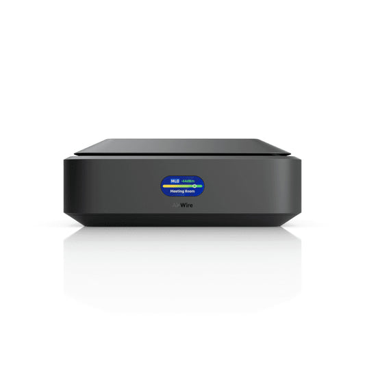 Black rectangular Ubiquiti U-airwire aiwire mld-4480m meeting room device with blue status indicator for wireless bridge