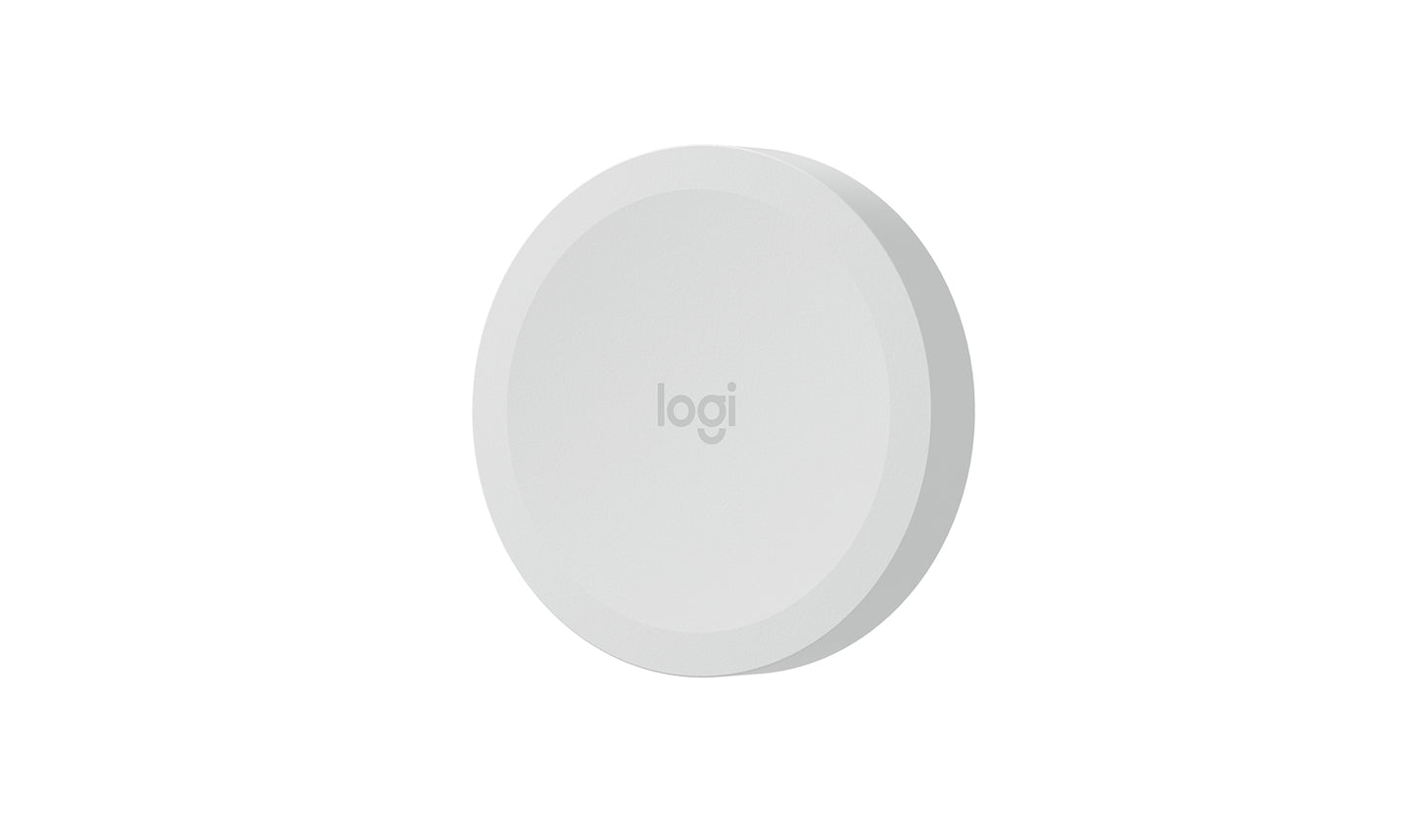 White circular logitech scribe wireless share button with minimalist design bluetooth connectivity and subtle branding