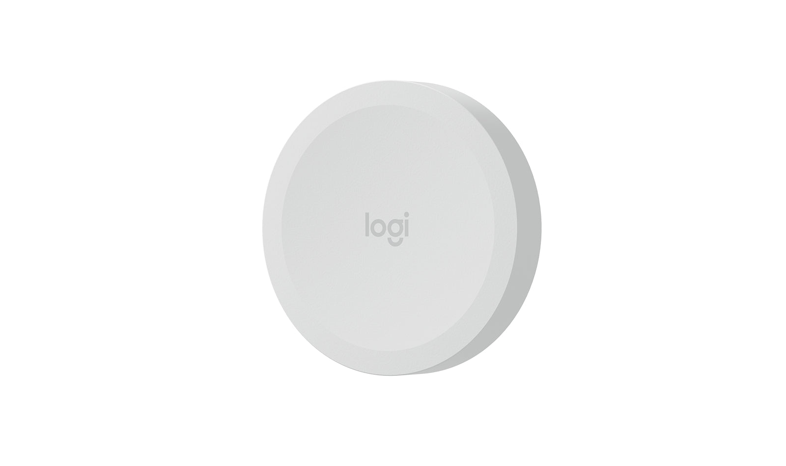 White circular logitech scribe wireless share button with minimalist design bluetooth connectivity and subtle branding