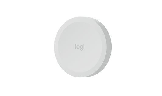 White circular logitech scribe wireless share button with minimalist design bluetooth connectivity and subtle branding