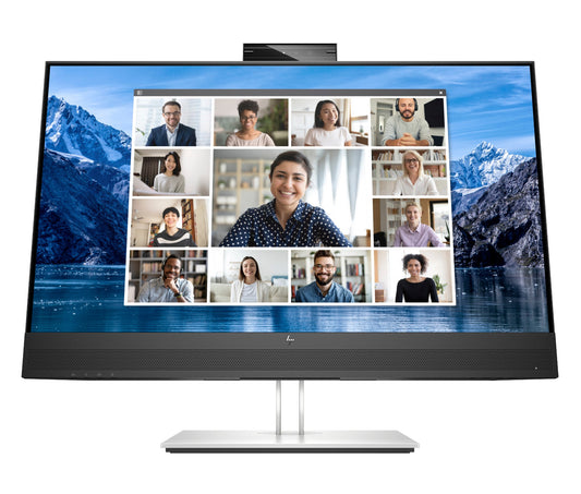 Black hp 40z29aa e27m g4 27in qhd ips conferencing monitor with sleek silver stand and 5mp webcam